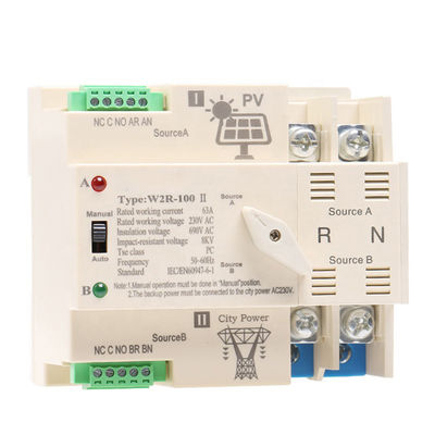 سوئیچ انتقال اتوماتیک AC220V PV Solar Din Rail 2P 63A ATS Dual Power